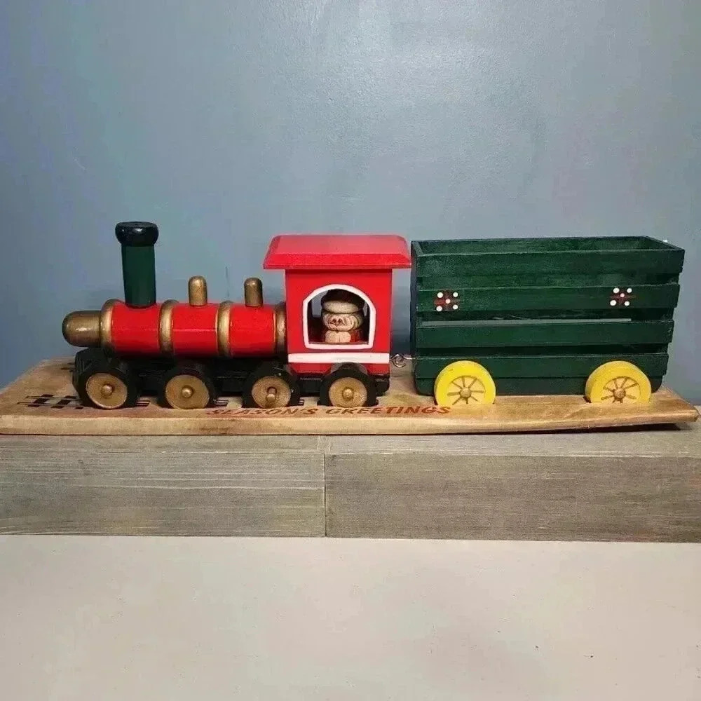 Wood Christmas Train‎ 12” Train Engine With Caboose Cardboard Track